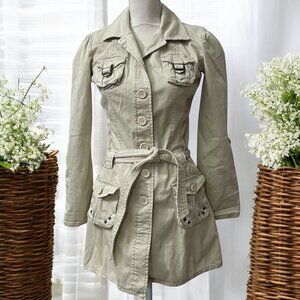 Nori Long Beige Belted Military-Style Jacket Cargo Pockets Size S‎